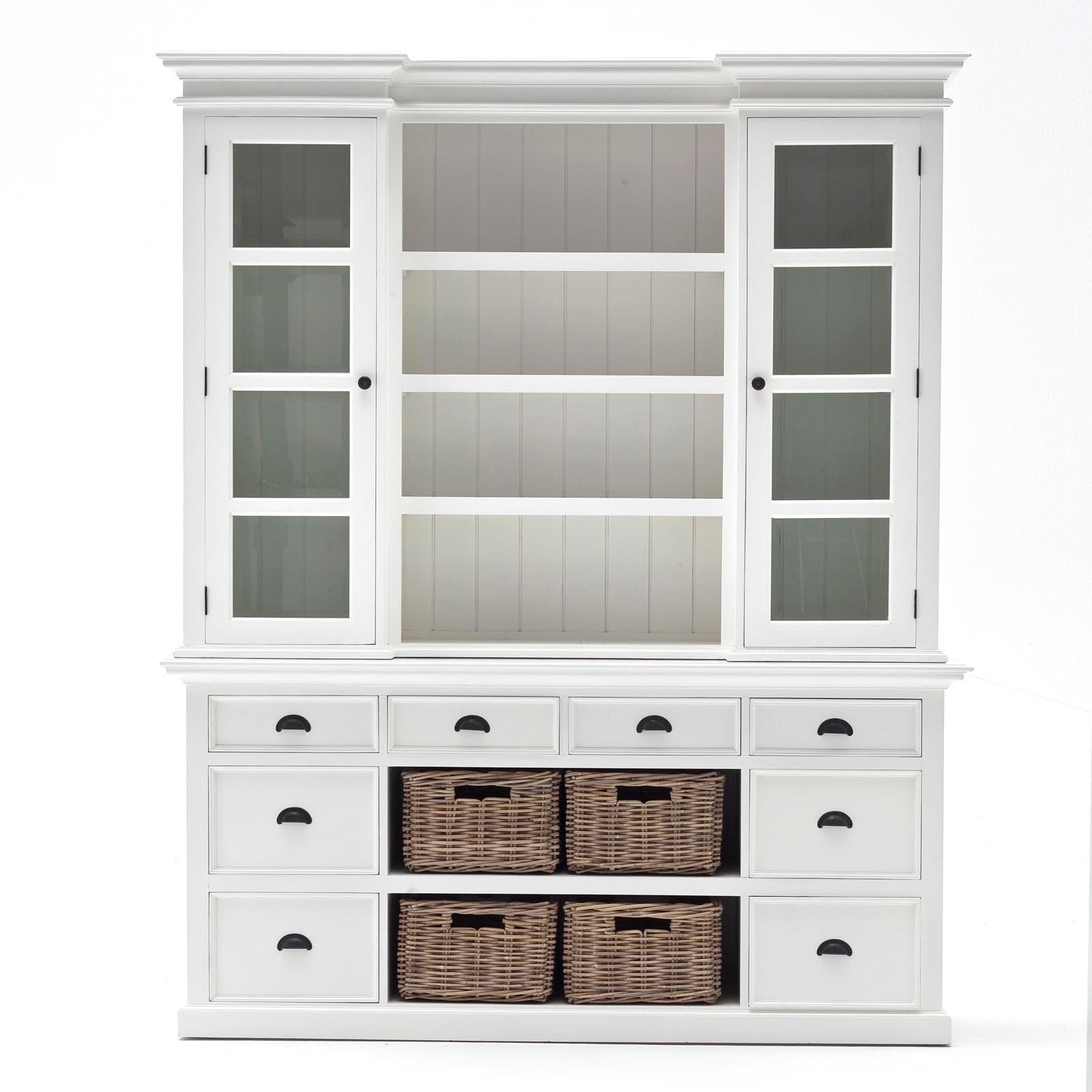 Halifax Coastal White Library Hutch Cabinet with Basket Set