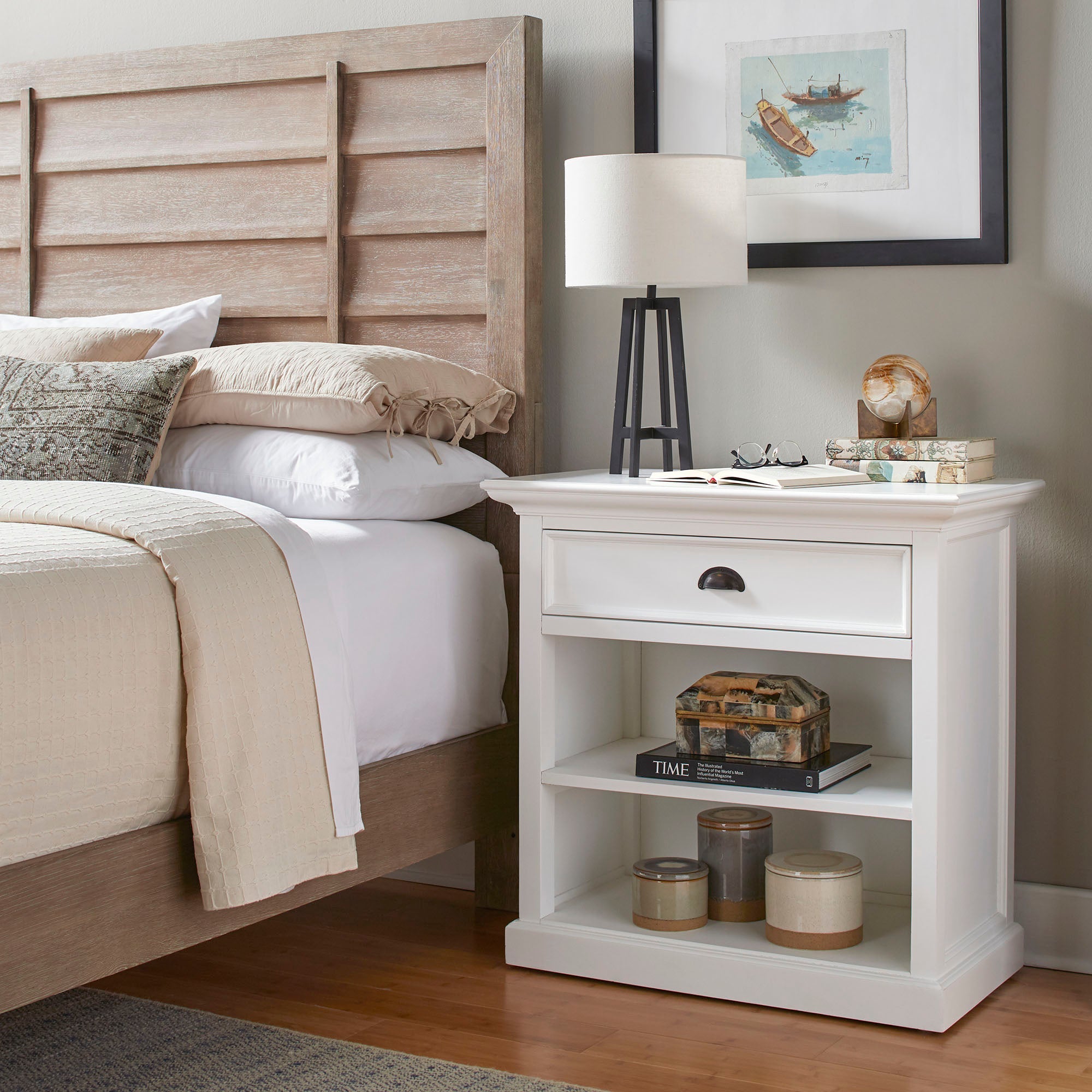 Halifax Grand Coastal White Bedside Table with Shelves