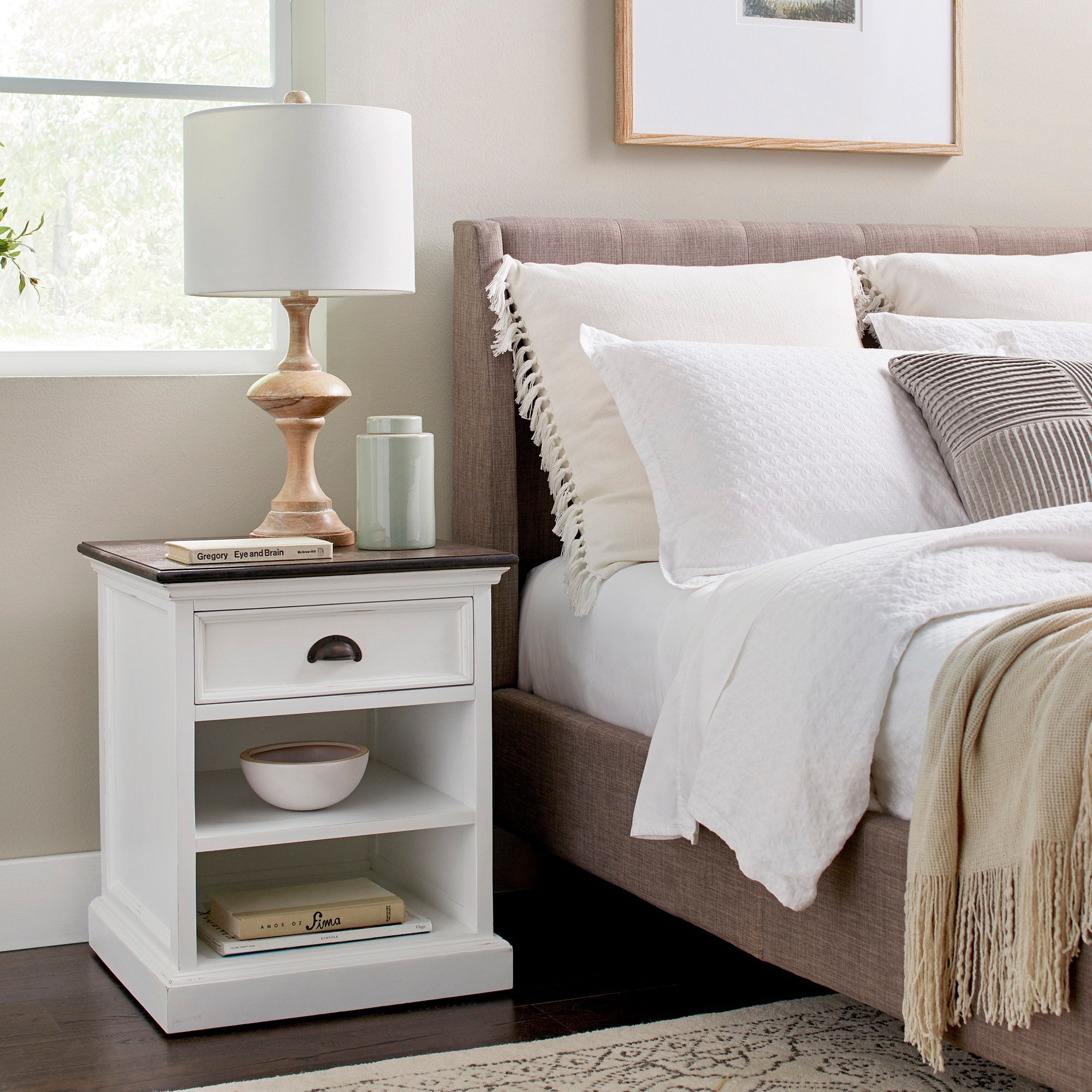 Halifax Accent Coastal White & Brown Bedside Table with Shelves